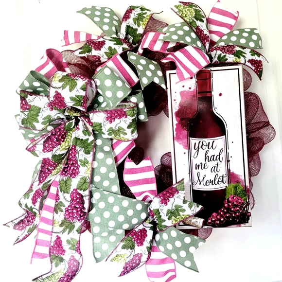 Hand Crafted Other - You Had Me At Merlot Wreath Deco Mesh Bows Engagement Anniversary Birthday